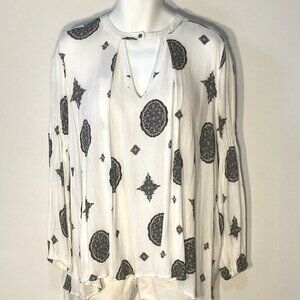 Tunic Ivory & Black print keyhole neckline gauzy flowy top SZ L vintage boho